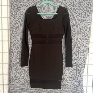 Size S black long sleeve bodycon mini dress with mesh cutouts and sleeves
